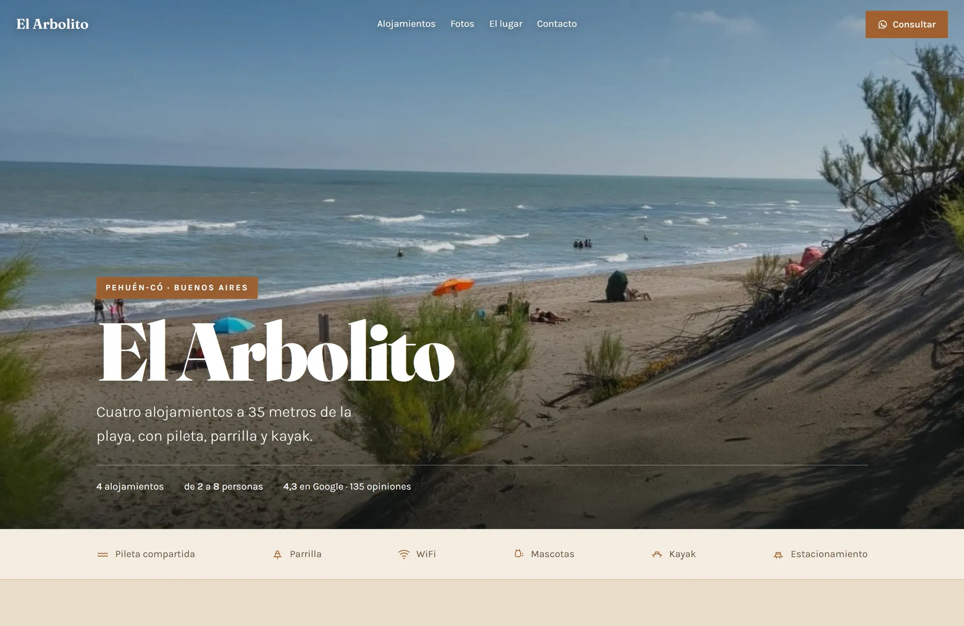 El Arbolito: página web para alojamientos y cabañas vista en computadora