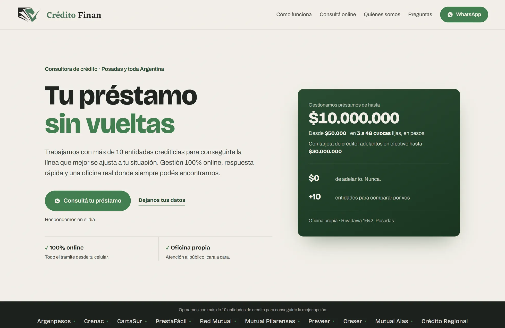 Sitio de Crédito Finan visto en computadora