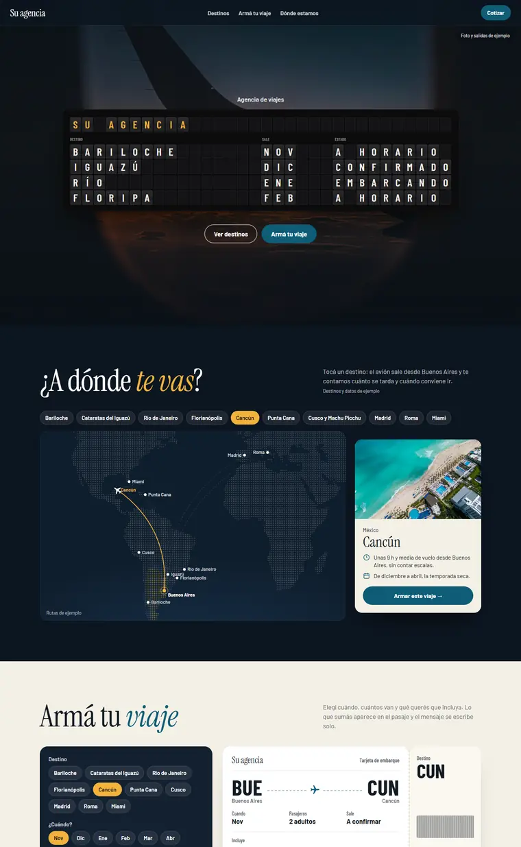Página de muestra para agencias de viajes, vista en computadora