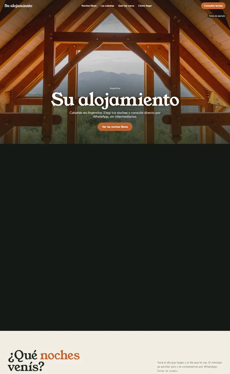 Página de muestra para alojamientos y cabañas, vista en computadora