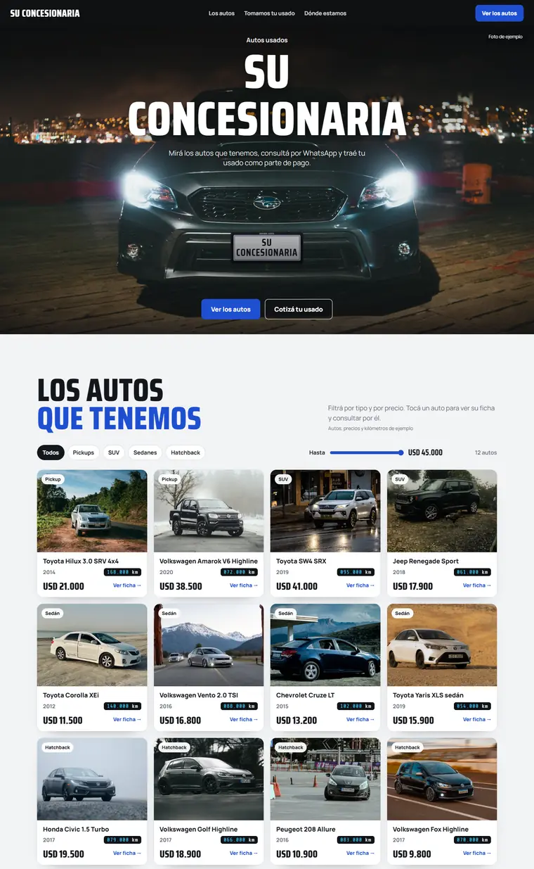 Página de muestra para concesionarias de autos, vista en computadora