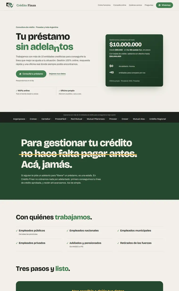 Página web de Crédito Finan, vista en computadora