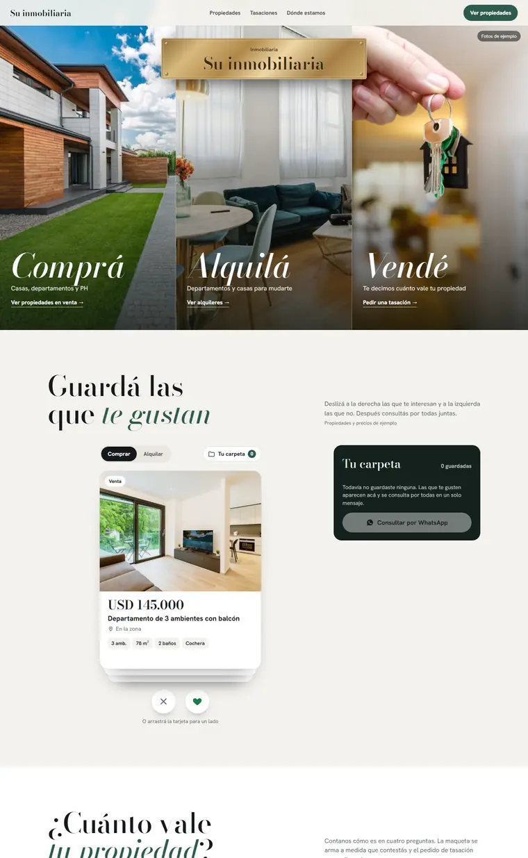 Página de muestra para inmobiliarias, vista en computadora
