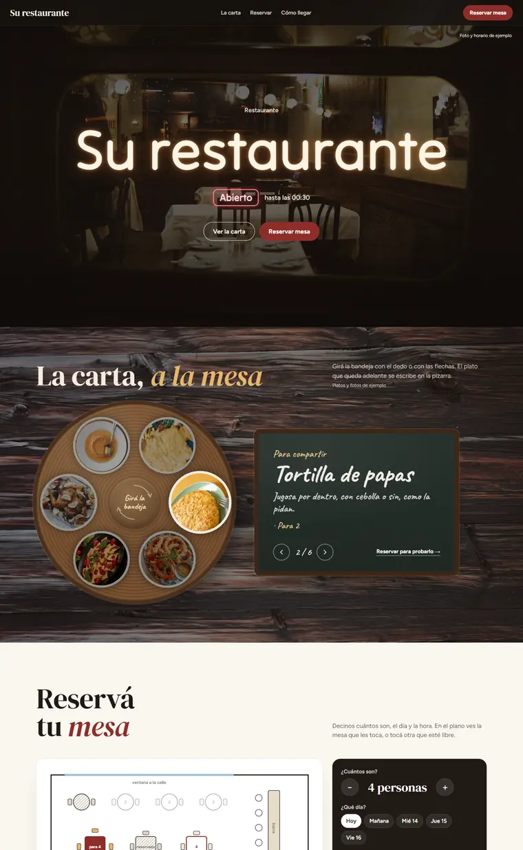 Página de muestra para restaurantes, vista en computadora