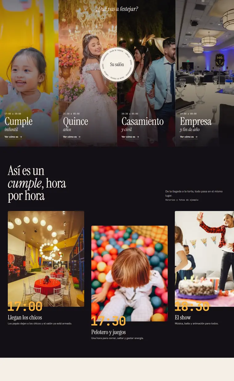 Página de muestra para salones de eventos, vista en computadora